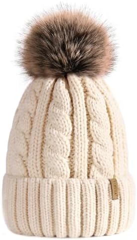 C.C Thick Cable Knit Faux Fuzzy Fur Pom Fleece Lined Skull Cap